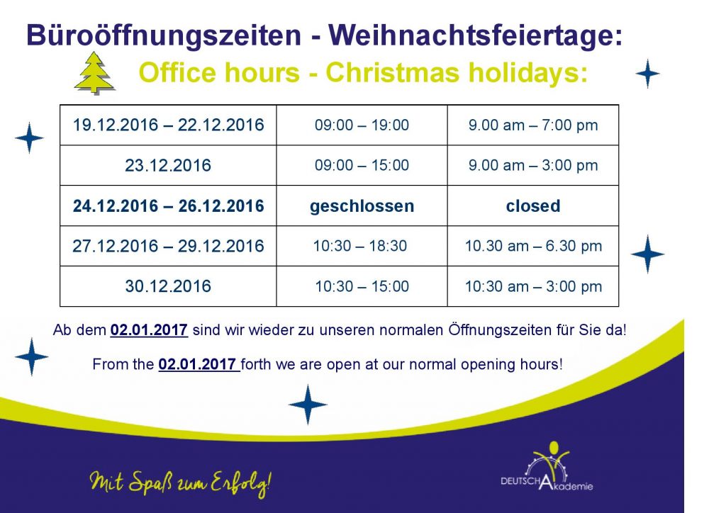 Öffnungszeiten Weihnachten Christmas opening hours Deutschkurs Blog